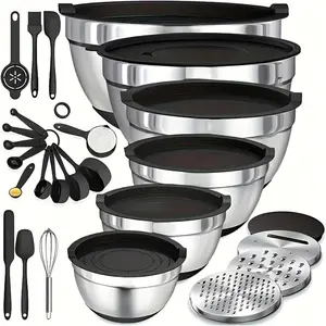Mixing Bowls with Airtight Lids Set, 6PCS Stainless Steel Nesting Bowls Set, 3 Grater Attachments & Non-Slip Bottoms, Baking & Mixing