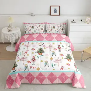 Nutcracker Christmas Pink Comforter Set,Xmas Royal Guarder Ballet Princess Duvet Quilt,New Year Pink Buffalo Plaid Bedding Set
