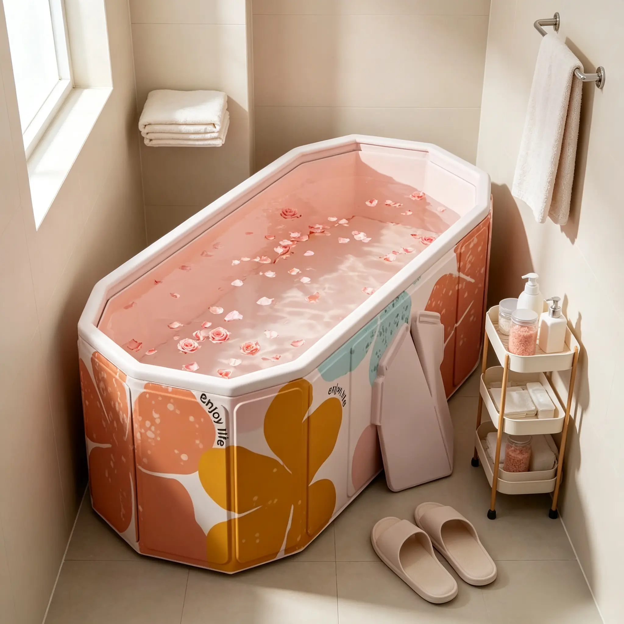 Retro Floral Foldable Plastic Bathtub - 1.5M Large Capacity, Leak-Proof, Waterproof, Easy Storage, Portable for Camping & Hiking, Outdoor Full-Body Soak Personal Care Shower Accessory, Collapsible Bathing Tub