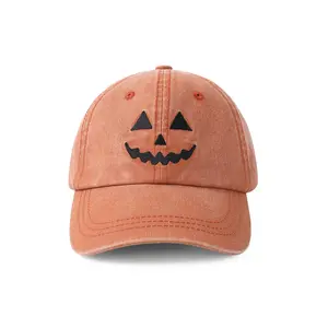 Limited Edition Vintage Jack O' Lantern Embroidered Baseball Cap - Unisex Autumn Halloween Gift & Skatewear, Mysterious Smile Pumpkin Face, Orange Color, Metal Buckle Closure