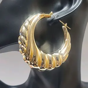 FLBLLC Bulky Large Hoops #055 Gold-Tone Wave Design G.F Earrings for Women