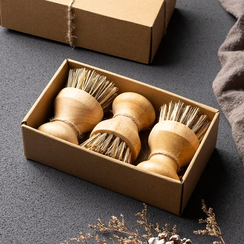 Bamboo Dish Scrub Brush for Kitchen Sink set, Natural Wooden Washing Dish Brush Scrubber with Sisal Bristles for Household Cleaning, Cast Iron Pots, Pans and Vegetables