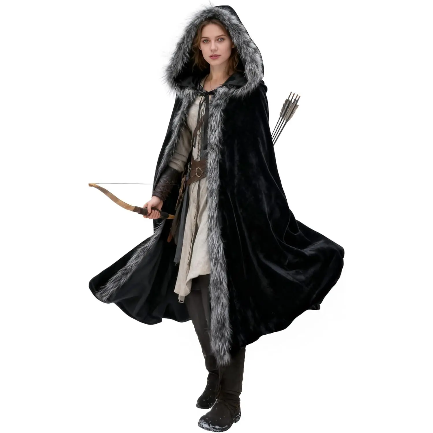 Long Hooded Cloak for Women, Medieval Viking Polyester Costume with Faux Fur Trim, Machine Washable for Cosplay Parties