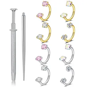 8pcs Stainless Steel Adjustable Horseshoe Nose Ring & Tragus Piercing Jewelry - Double Cubic Synthetic Zirconia Cartilage Earrings Suitable for Helix, Labret, Lip Piercings