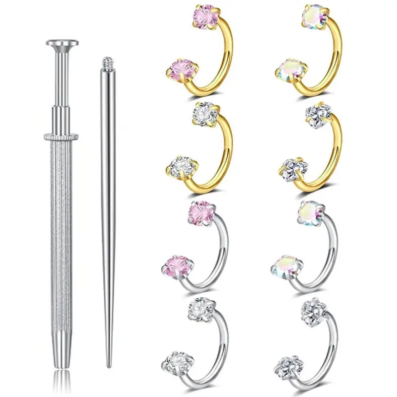 8pcs Stainless Steel Adjustable Horseshoe Nose Ring & Tragus Piercing Jewelry - Double Cubic Synthetic Zirconia Cartilage Earrings Suitable for Helix, Labret, Lip Piercings