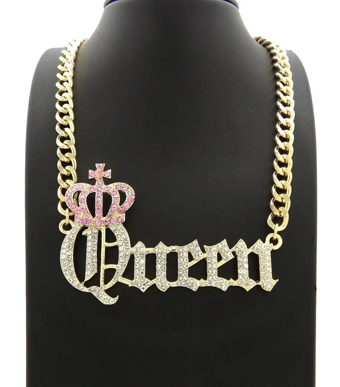 MaxBling81 Women's Pink Queen Crown Inlaid Zircon Pendant Necklace - 9mm Alloy-Coated 18in Long Chain, 3.5"x2.25" Cubic Zirconia Accent, Modern Fashion Costume Jewelry Accessory for Daily Wear, Modern Fashion Accessories