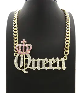 WOMEN PINK CROWN QUEEN ICED CUBIC ZIRCONIA PENDANT 9mm 18" CUBAN CHAIN NECKLACE HIP HOP STYLE JEWELRY ACCESSORY