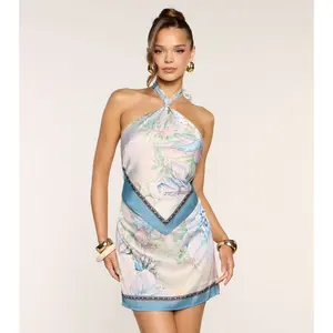 Postcard Pending Floral Satin Halter Mini Dress