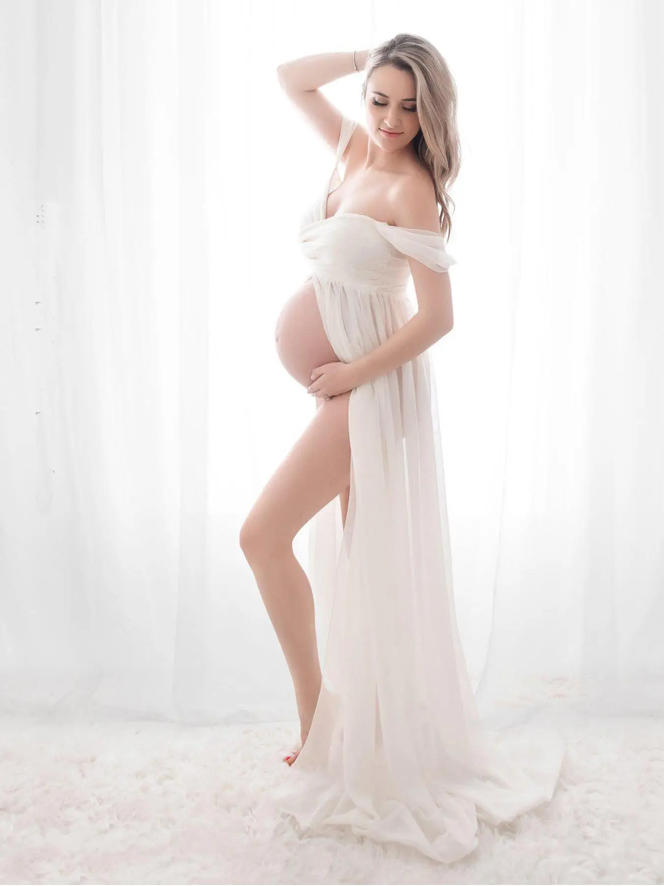 Solid Off The Shoulder Contrast Lace Split A Line Dress Maternity Dress, Elegant Butterfly Sleeve Maxi Dress for Photoshoot Baby Shower, Women's Mater