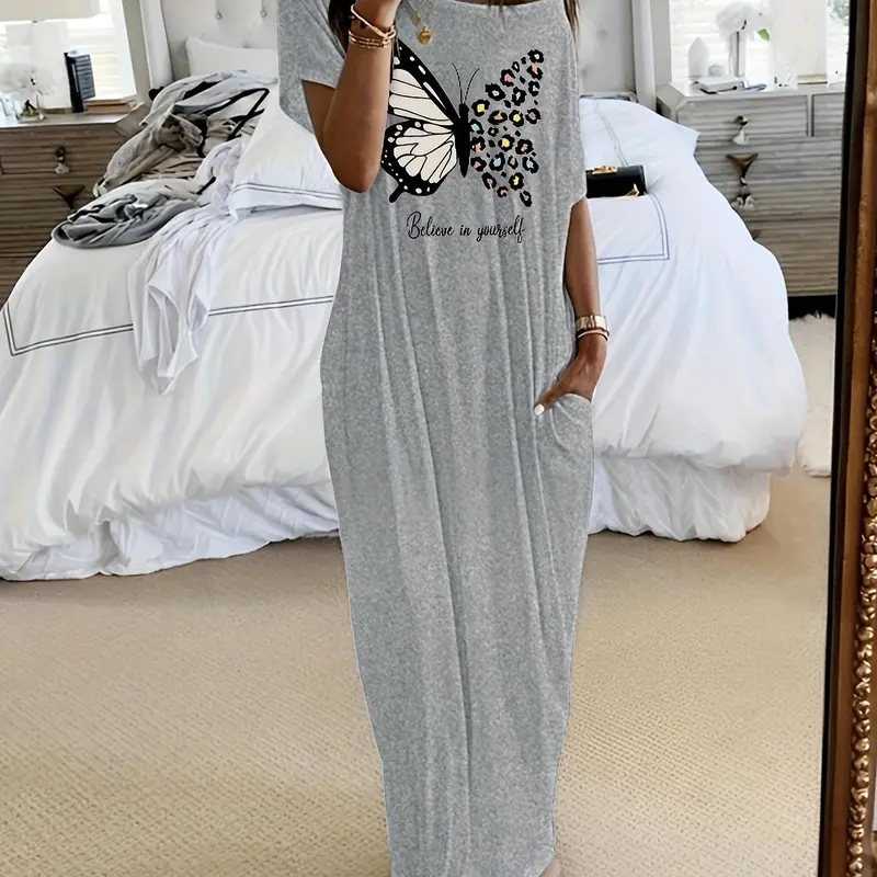 Women's Butterfly Print Round Neck Nightdress, Casual Soft Comfortable Short Sleeve Nightgown for Daily Wear, Ladies Sleepwear & Loungewear for All Season, Casual Home Sleepwear
