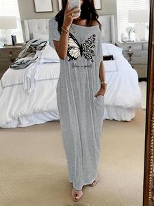 women's butterfly print round neck nightdress, casual soft comfortable crewneck short sleeve nightgown for daily wear, ladies sleepwear for all seasons, womenswear, baggy loungewear, summer night gowns, casual minimalist nightgown