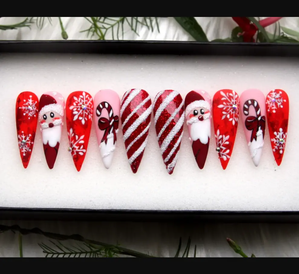 Christmas Santa Candy Cane Press On Nails, Red Glitter Snowflake Bow Long Stiletto Holiday Nail Set, Festive Winter Nails