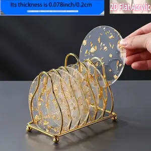 8-piece set of acrylic coasters with golden leaf pattern - heat-resistant circular tabletop protector, transparent beverage coasters suitable for tea/coffee cups, Decorative coaster, home and office decoration