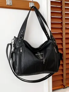 Women's Punk Style Large Capacity Crossbody Tote Bag, Rivet Decor, Zipper Handbag, Adjustable Shoulder Strap, Durable, Multi-Pocket, Ideal for Daily Use and Travel