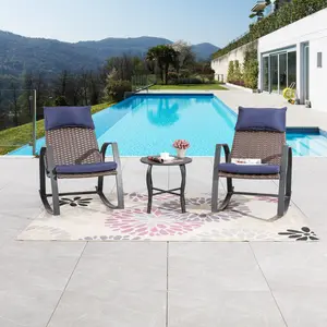 LOKATSE HOME 3 Pieces Outdoor Bistro Set Patio Wicker Furniture Rattan Rocking Chairs with Cushion & Coffee Table