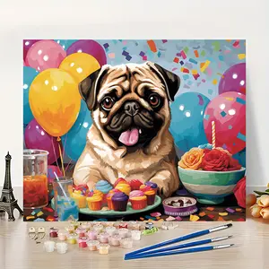 16x20 Inch Unframed DIY Paint by Numbers Literary Retro Picture of Party Pugs' Joyful Feasting Time Acrylic Coloring Beginner Vintage Cute Series Niche Joyful Vibe Personalized Wall Decor + Unique Healing Gift