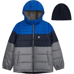 London Fog Boys' Heavyweight Puffer Jacket with Soft-Lined Hood and Fleece Beanie – Blue, 14-16