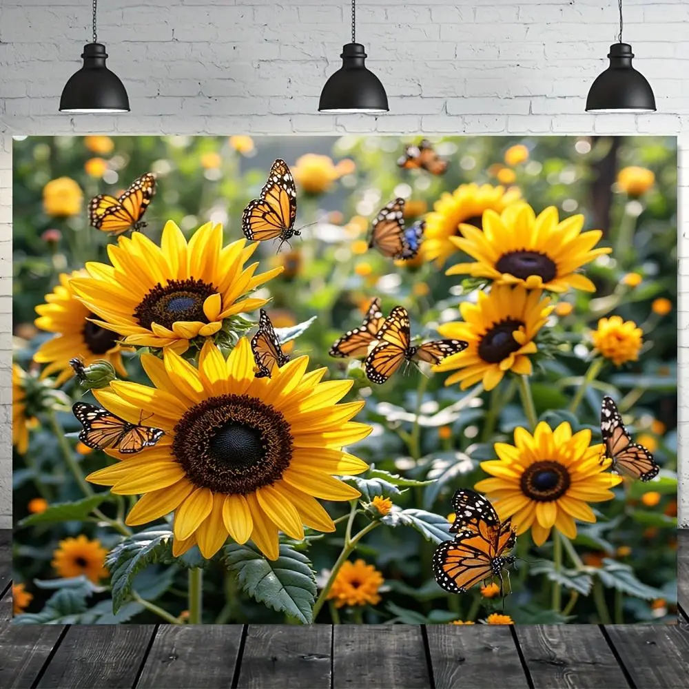 1pc 2D Flat Sunflower & Butterfly Print Polyester Indoor Backdrop, Wall Hanging Backdrop, 100% Polyester Party Decorations Banner for Entryway - No Electricity Needed, Vibrant White Garden Scene, Indoor Backdrops