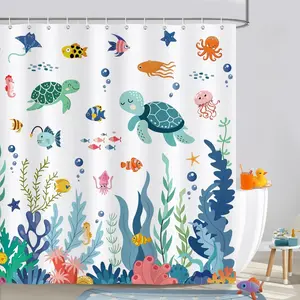 Cute Kids Shower Curtain, Ocean Sea Turtle Fish Corals Underwater World Bathroom Decor for Boys Girls 72 x 72 Inch Polyester Fabric Waterproof Bath Curtain with 12 Hooks Shower Curtain Funny