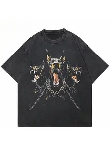 Men's 2024 Vintage Washed Cotton T-shirt 230g Doberman Labrador Street Style Pattern Casual Fashion Tee Shirt