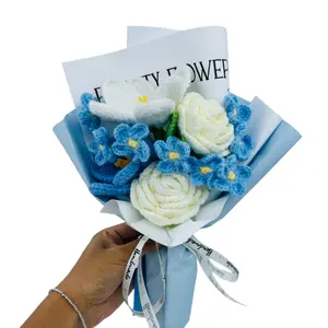 Handmade Blue Tulip Rose Bouquet, Party Gift, Anniversary Present, Wrapped, Ca Prop 65 Compliant, No Ca Prop 65 Re, Crochet Handmade Bouquet
