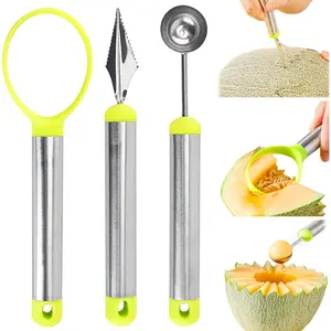 Melon Baller Scoop Set,Professional 3 Pieces Stainless Steel Watermelon Knife Fruit Carving Tool Set,Fruit Scooper Melon Baller Carving Knife Melon Scooper Baller Kitchen Utensils Plastic Machine