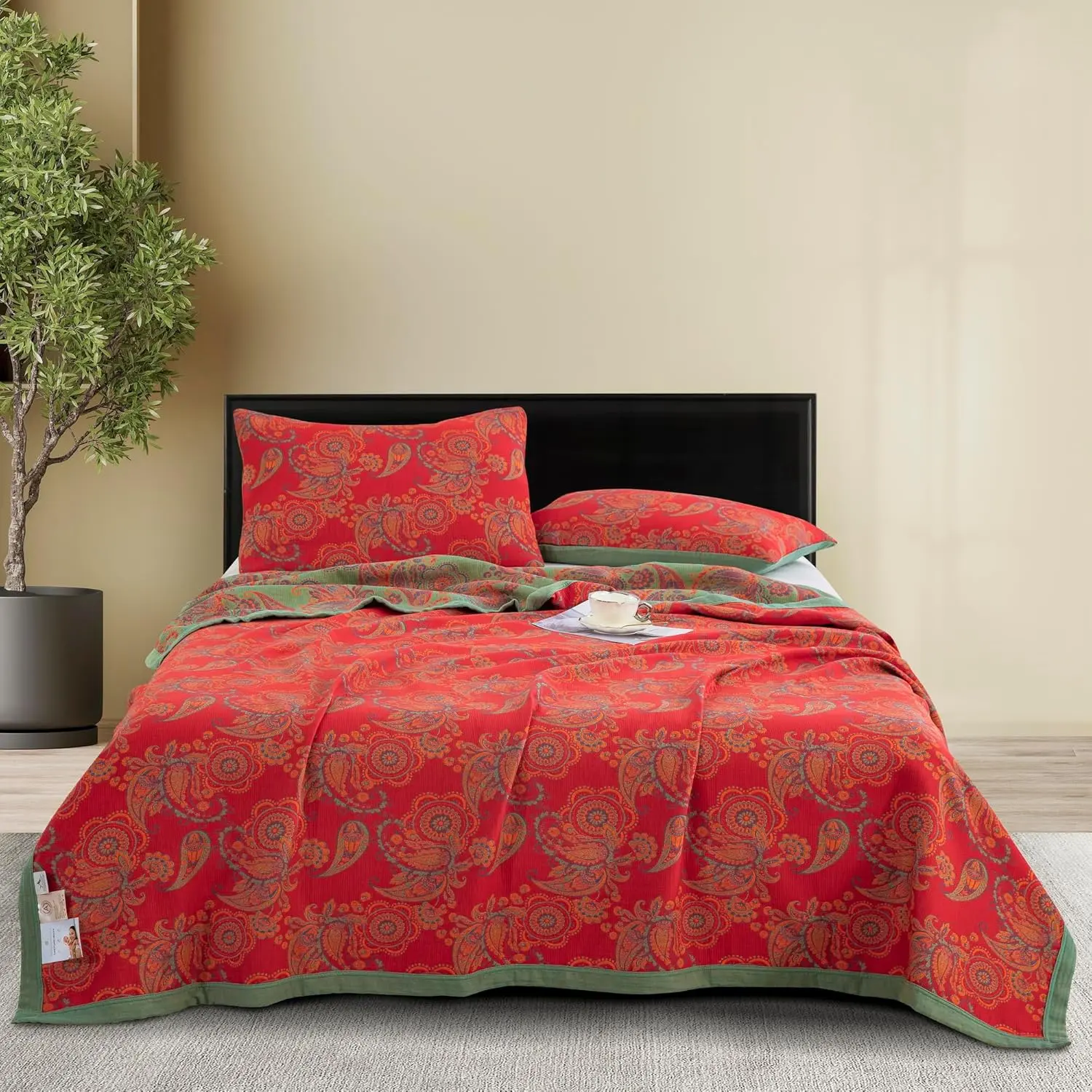100% Cotton Muslin Twin Size Bed Blanket - Jacquard Red Paisley, 3-Layer, Super Soft, Gauzy, Breathable, Reversible, Lightweight Coverlet for All Seasons (59"x94") - No Pillow Sham