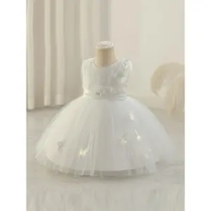 Girls' Sleeveless Princess Dress Elegant White Tulle Gown with Sequined Appliqués Perfect Birthday Parties and Occasions Occasion Wear Pattern Dress Polyester Tulle Skirt