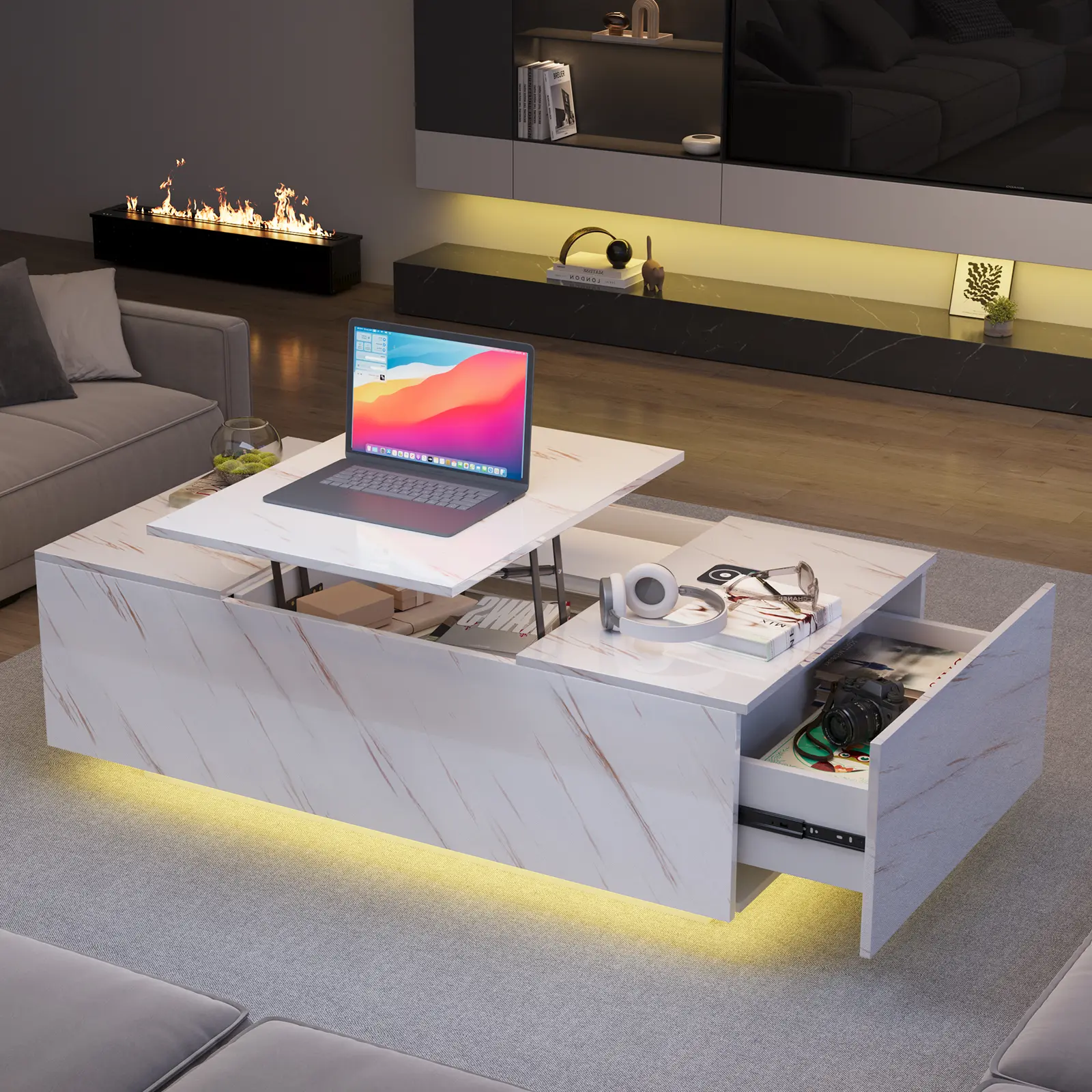 Smart LED Coffee Table with Lift Top, Wireless Charging, Bluetooth Speaker & Storage Drawer, High Gloss Marble Effect Coffee Table for Home & Small Apartment