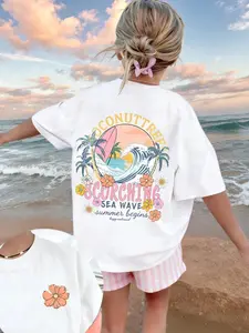 White "Coconut Tree Sea Wave" Kids Oversized Tee - 2026 Trending Dopamine Summer Vacation Outfit, Soft Cotton Perfect for Beach & Daily