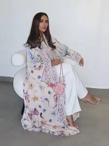 Women Floral Print Loose Fit Long Cardigan, Elegant All-Season Outerwear, Lightweight Middle Eastern Style Women's Clothing, Chic