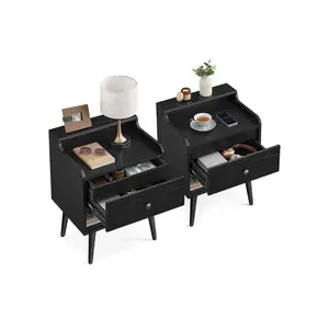 VASAGLE Nightstands, Set of 2, Bedside Tables with Hidden Drawers, Mid-Century End Side Tables with Solid Wood Legs, for Bedroom
