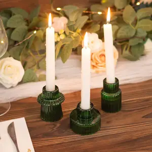 Set of 6 Glass Taper Candle Holders 3" Ribbed Crystal Design Hunter Emerald Green - Reversible Mini Votive Tealight Stands