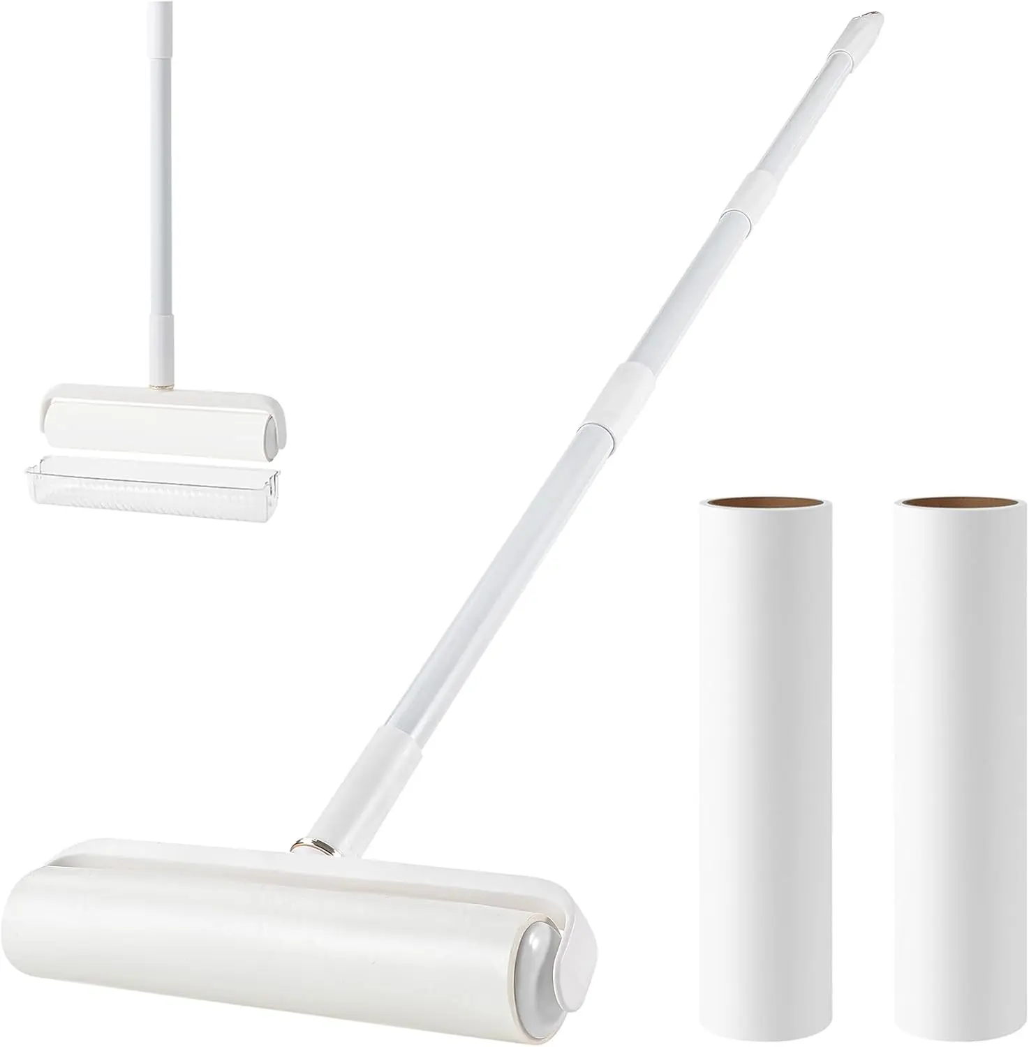 Large Carpet Fluff Rollers 24cm Sticky Floor Rollers with 3 Extendable Handles, Long Handled Sticky Mop for Cleaning Carpet, Car, Clothes and Hair
