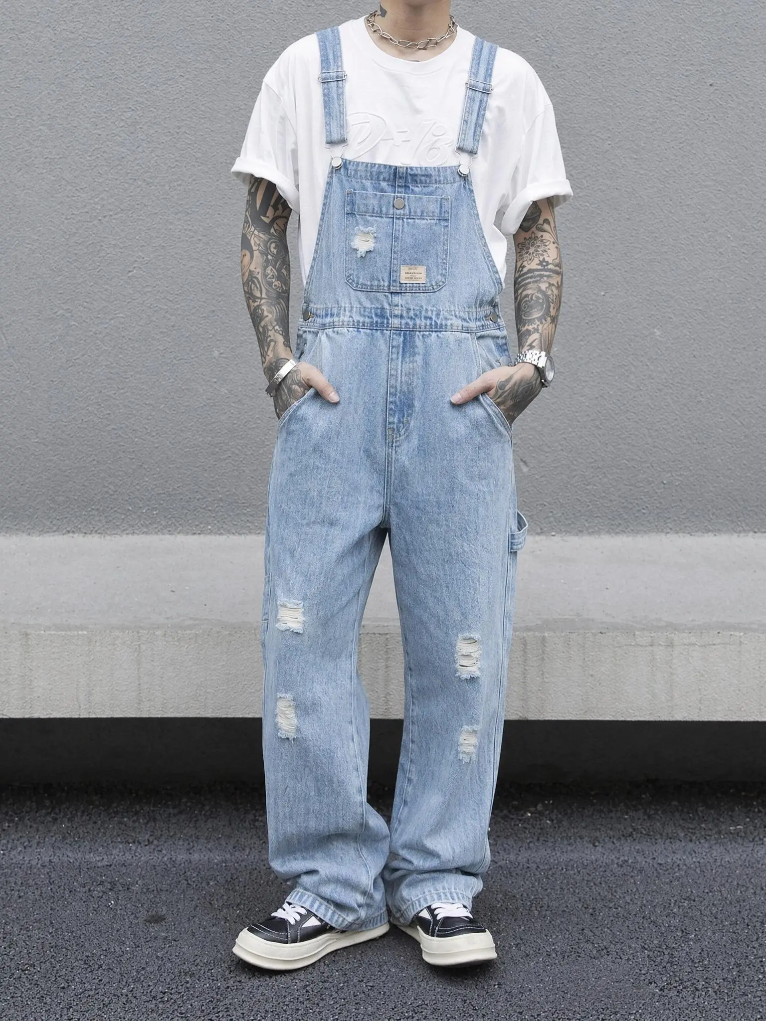 Men's Loose Fit Denim Overalls,Light Blue Wide Leg Ripped Dungarees,Y2K Streetwear Distressed Workwear Bib Trousers,Summer Casual Skater Jumpsuit