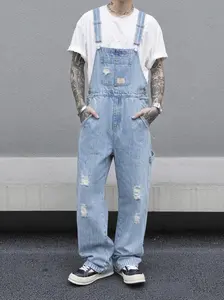 Men's Loose Fit Denim Overalls,Light Blue Wide Leg Ripped Dungarees,Y2K Streetwear Distressed Workwear Bib Trousers,Summer Casual Skater Jumpsuit