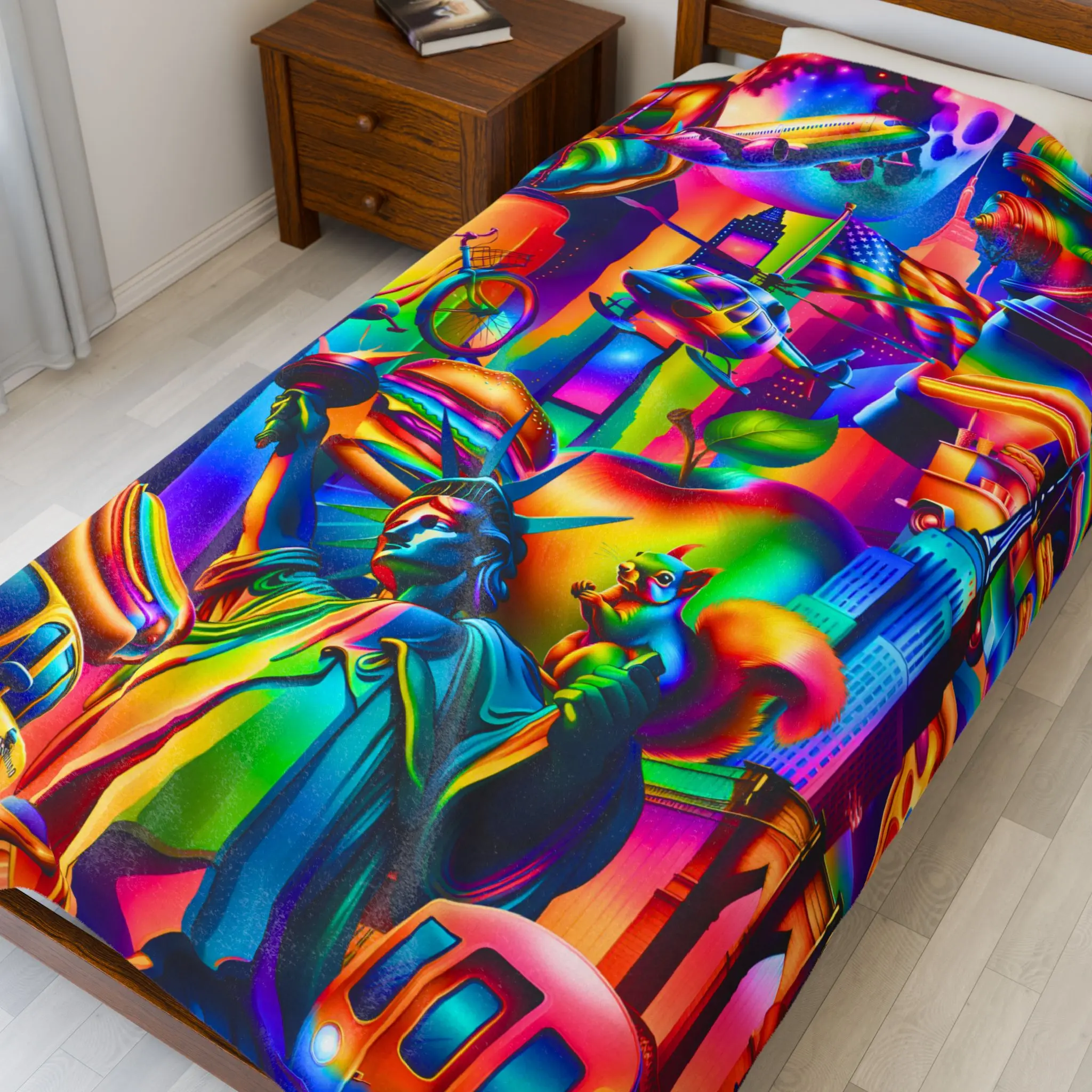 Rainbow New York City Plush Blanket – Colorful Throw with Statue of Liberty, Skyline, Subway & More | Cozy Pride Gift for NYC Lovers