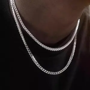 Men’s 2Pcs 3mm Layered Chain Necklace Set| Sterling Silver Cuban Link & Rope Chains| Simple Minimalist Stackable Jewelry| Adjustable 19–23 Inches| Perfect Gift for Him