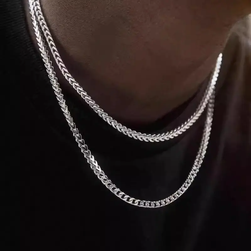 Men’s 2Pcs 3mm Layered Chain Necklace Set| Sterling Silver Cuban Link & Rope Chains| Simple Minimalist Stackable Jewelry| Adjustable 19–23 Inches| Perfect Gift for Him