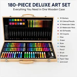 180-Piece Wooden Art Set, Dual-Layer Wood Box, Non-Toxic Washable, DIY Tools for Kids, School Art Supplies, Birthday Gift Box