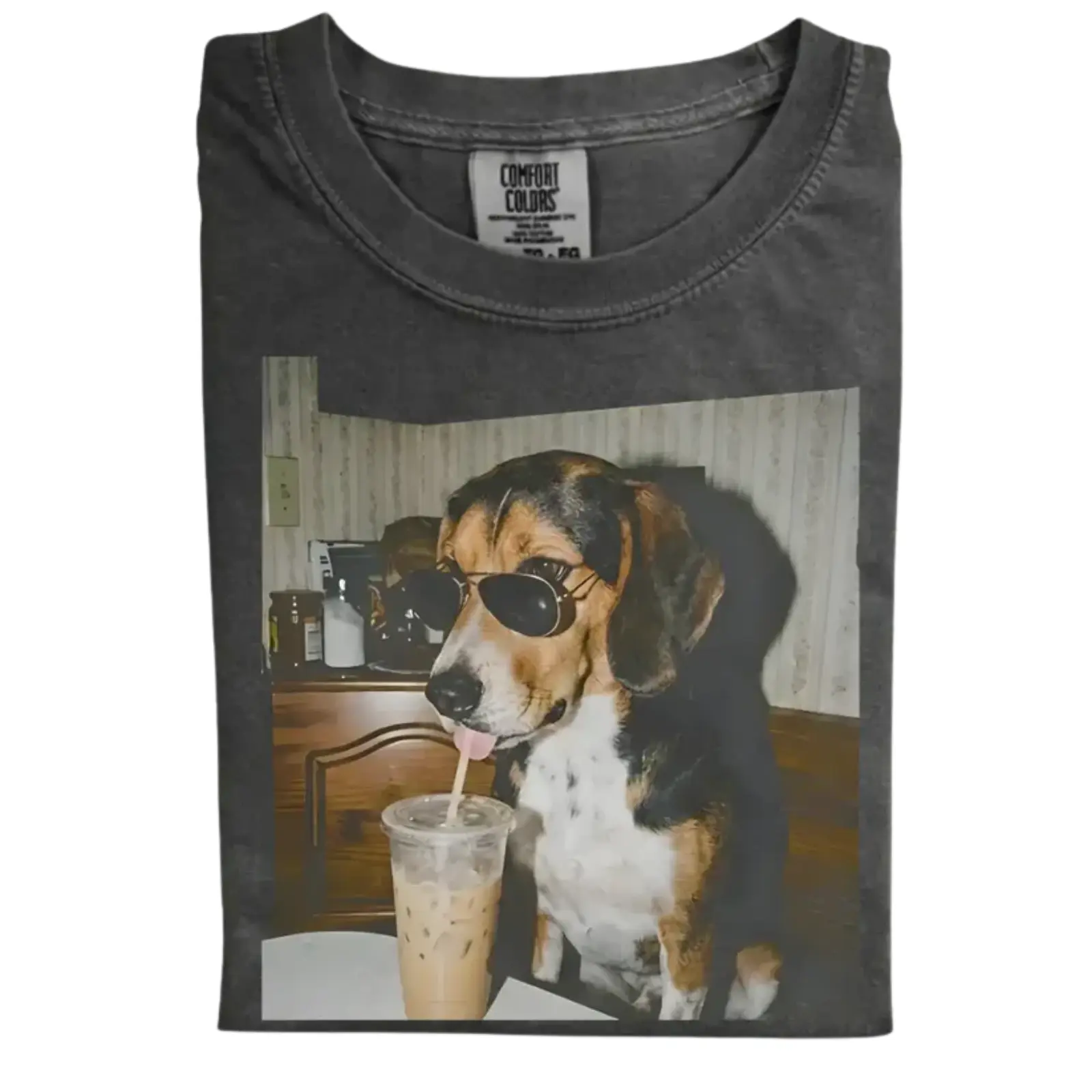 Beagle Drinking Iced Coffee Comfort Colors T-shirt, Vintage 90s Funny Edgy Dog Meme Tee, Unisex Fit Design, Casual Streetwear, Gift for Dog Lovers