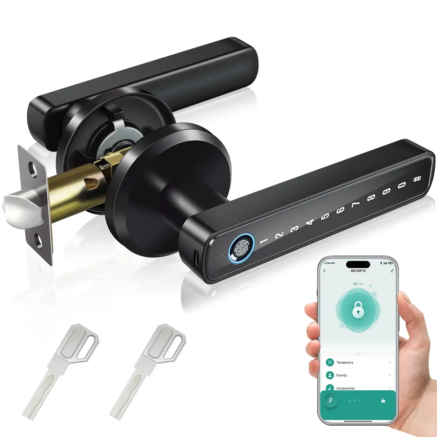 Smart Door Lock,Keyless Entry Door Lock with Handle,Fingerprint Door Lock with Tuya App,Smart Door Knob with Key for Home Bedroom Volibel
