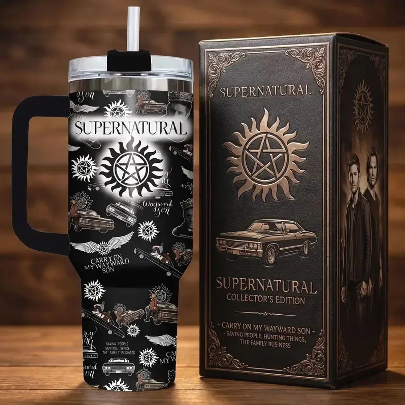 Supernatural TV Show Tumbler with Handle, 40oz Insulated Stainless Steel Travel Mug with Straw, Anti Possession Symbol Dean Sam Winchester Impala Car Cup, Carry On My Wayward Son Saving People Hunting Things Gift Idea for TV Fans