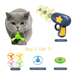Cat 7Pcs Fetch Toys Set - 1 Launcher, 4 Propellers & 1 Luminous Gyro for Cat & Dog Playtime and Exercise - Safe Durable Material - 16cm x 12cm x 5cm