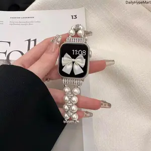 Double-Row Pearl & Agate Apple Watch Band, Rhinestone Adjustable Chain 38-49mm