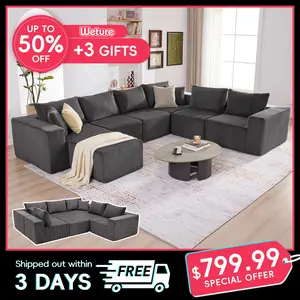 【4 packages】135.4" Cloud Couch Sectional, Sectional Sleeper Sofa with Deep Seat, Plush Corduroy U Shaped Boneless Couch, Convertible Modular Couches for Living Room, 7Seat