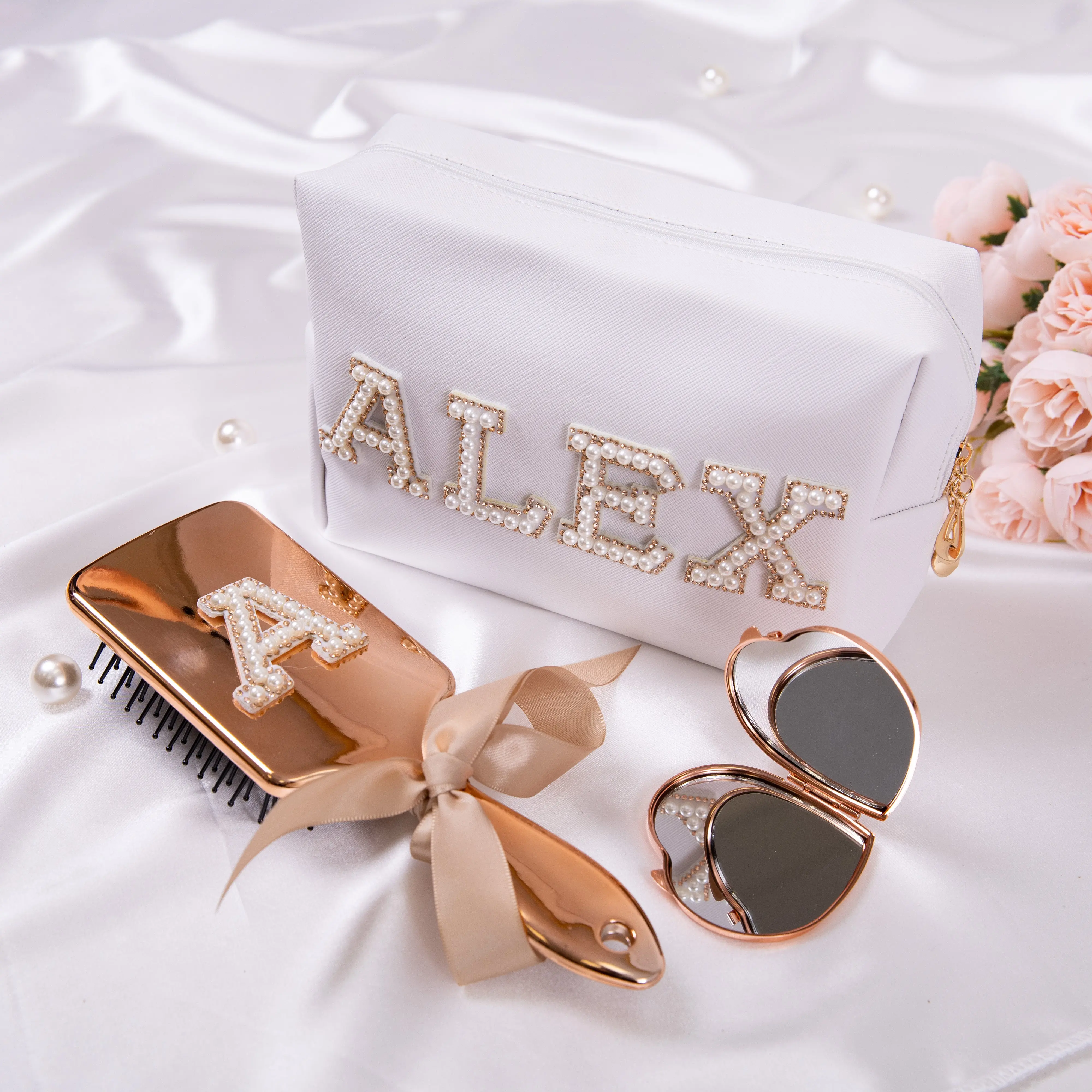 Bridesmaid Gift Set: make up bag + Mirror + Hair brush