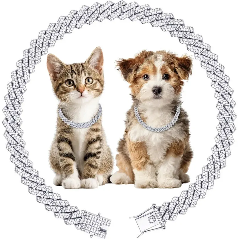 Crystal Cuban Link Dog Necklace Hip Hop Iced Out Bling Pet Collar, Secure Snap Buckle Sparkly Rhinestone Chain for Pet Dog Cat Fashion Decorative Jewelry for Pet Party Daily Wear