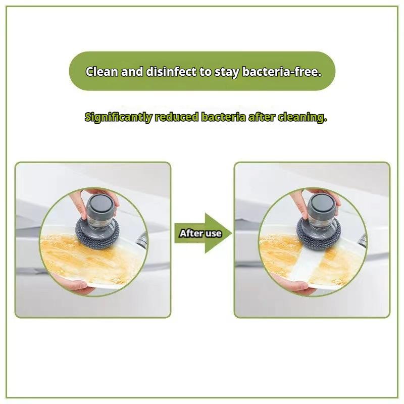 Kitchen-specific automatic liquid dispensing dishwashing brush, press-type dishwashing brush, steel wool cleaner.