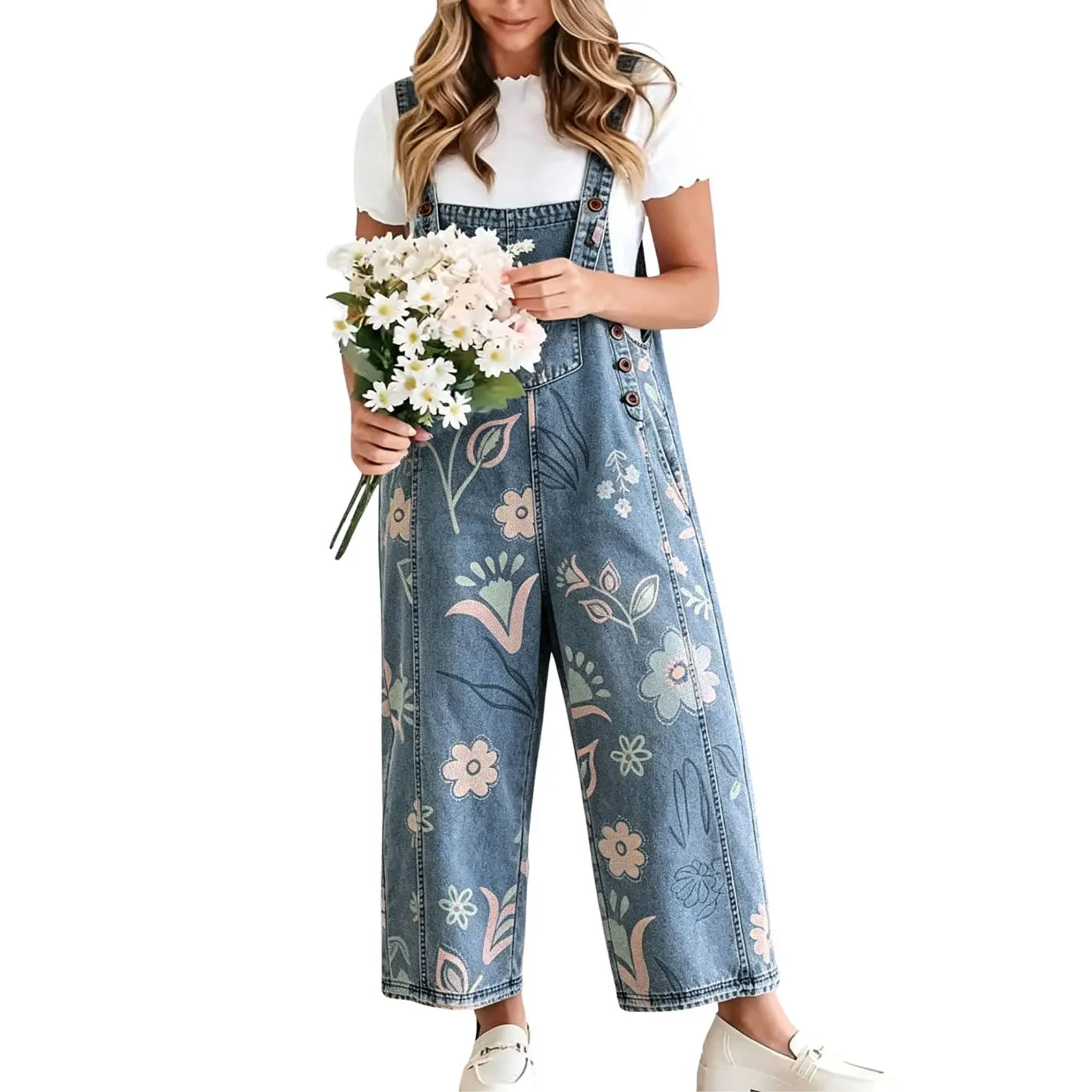 Chouyatou Women's Y2K Casual Denim Jumpsuits Baggy Floral Printed Distressed Wide Leg Bib Overalls
